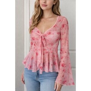 Pink Rose Print Mesh Tie Front Peplum Top Bell Sleeve Sheer Blouse Women L